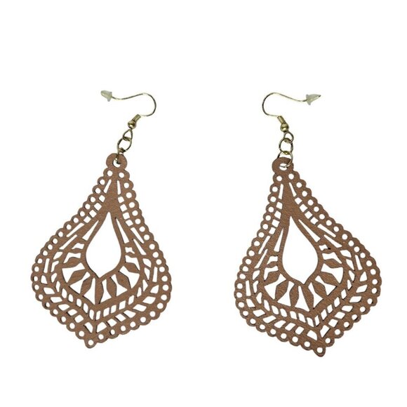 Boho Filigree Teardrop Brown Leather Cutout Earrings Womens Costume Jewelry - Picture 2 of 2